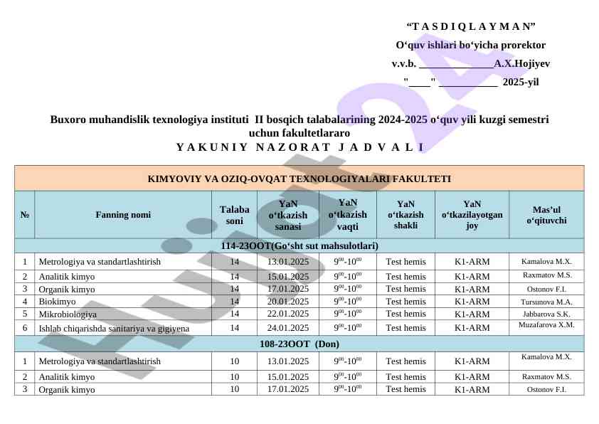 Yakuniy nazorat jadvali 2024-2025 o‘quv yili