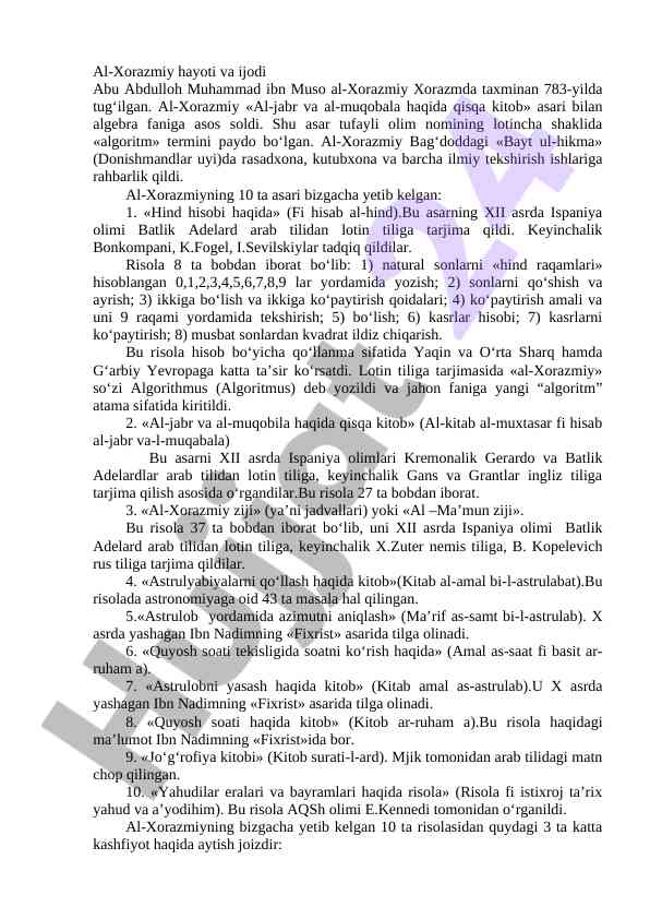 Al-xorazmiy hayoti va ijodi haqida qisqa maqola