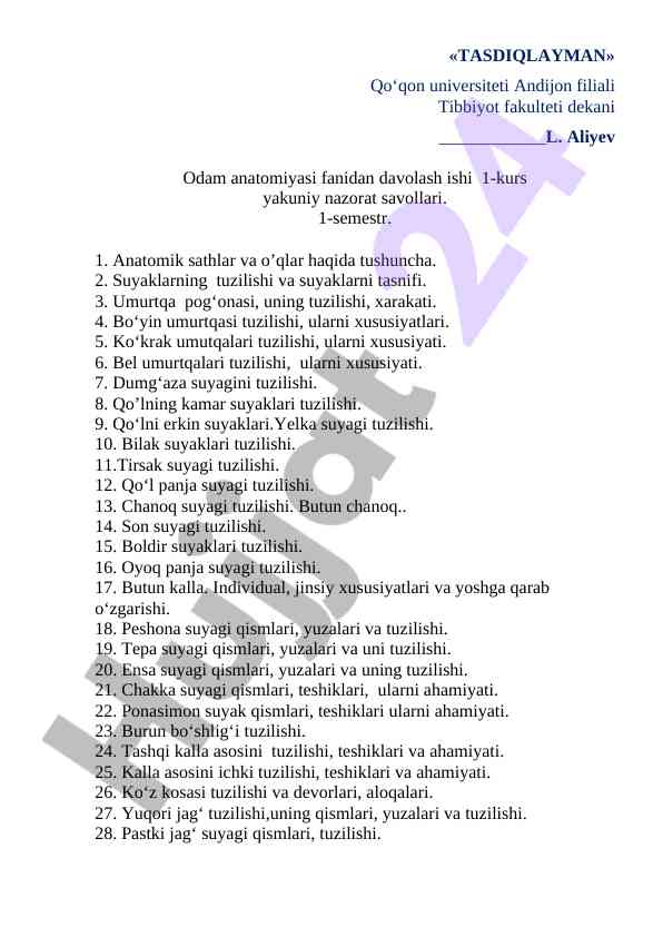 Odam anatomiyasi fanidan davolash ishlari 1-kurs