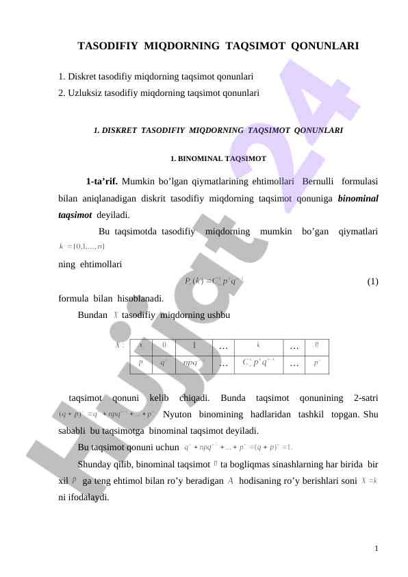 Tasodifiy miqdor taqsimot qonunlari
