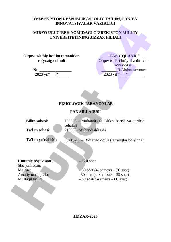Fiziologik jarayonlar fan sillabusi 2023