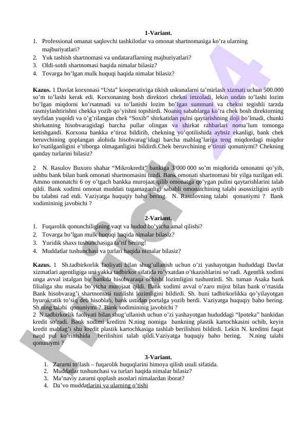 Omonat shartnomalari va ularning majburiyatlari