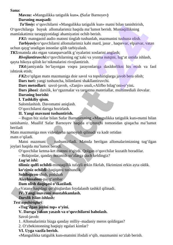 Mangulikka tatigulik kun darsi mavzusi