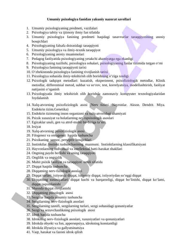 Umumiy psixologiya fanidan yakuniy nazorat savollari