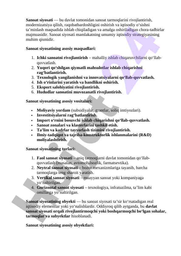 Sanoat siyosati va uning rivojlanish asoslari