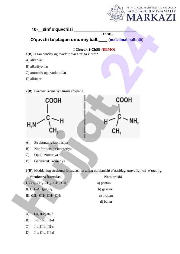 Kimyo fanidan test savollari