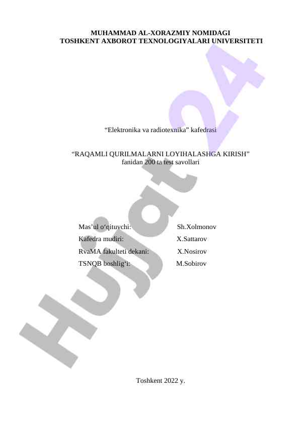 Raqamli qurilmalarni loyihalashga kirish test savollari
