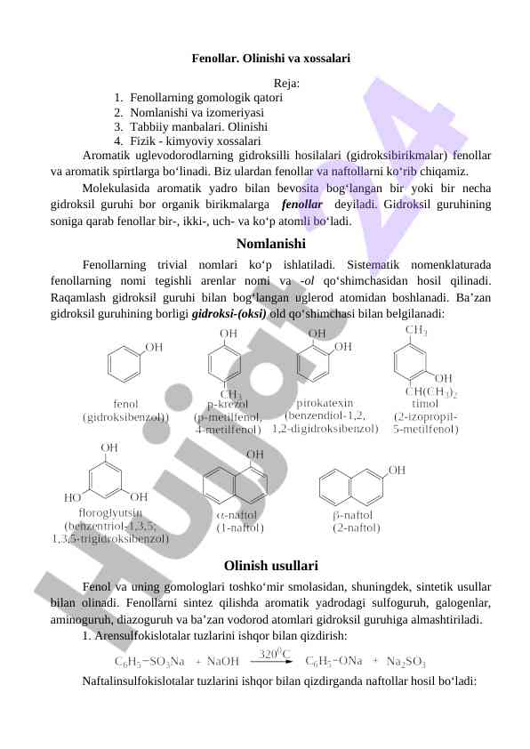 Fenollar olinishi va xossalari haqida
