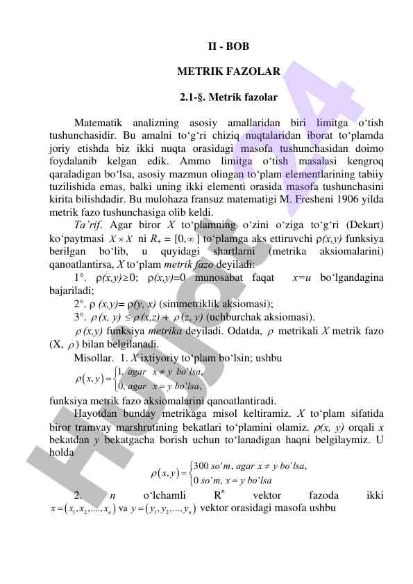 Metrik fazolar tushunchasi va aksiyalar