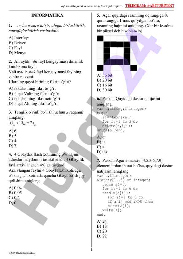 Informatika fanidan namunaviy test topshiriqlari 1