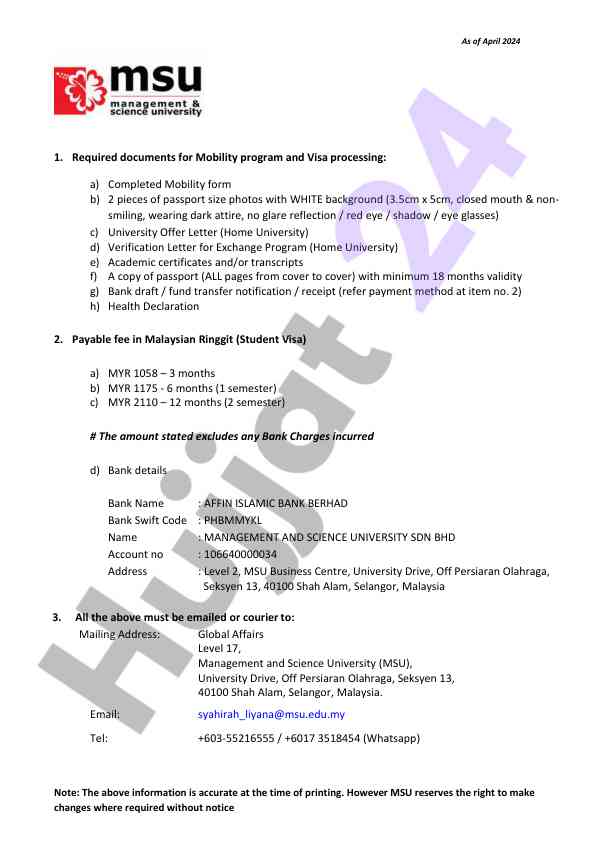 Required documents for mobility program and visa processing