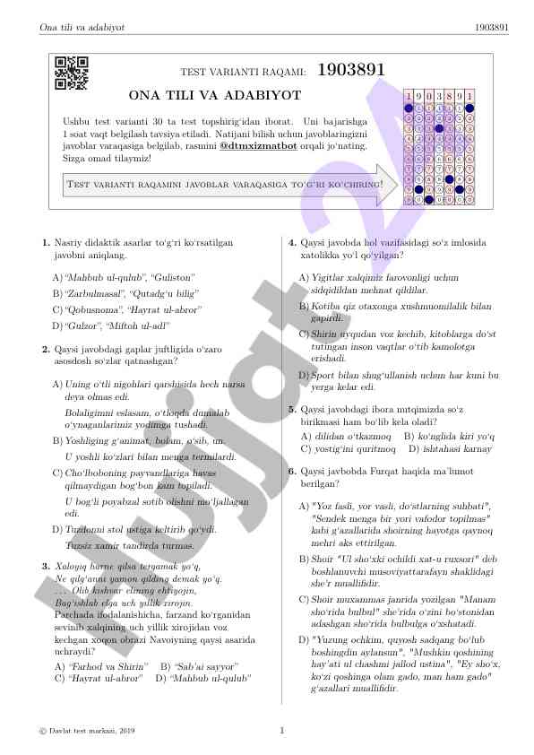 Ona tili va adabiyot test variantlari