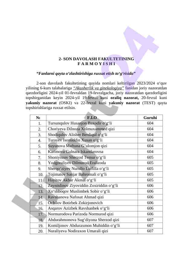 Akusherlik va ginekologiya fanidan qarzdorlik