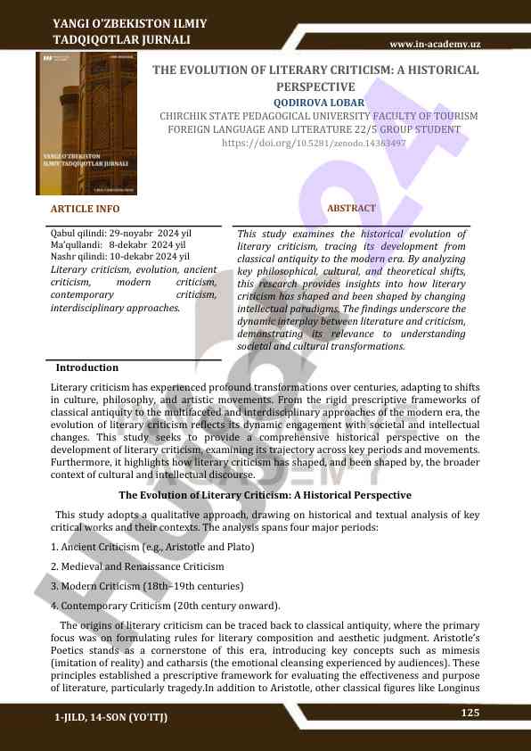 The evolution of literary criticism historical perspective