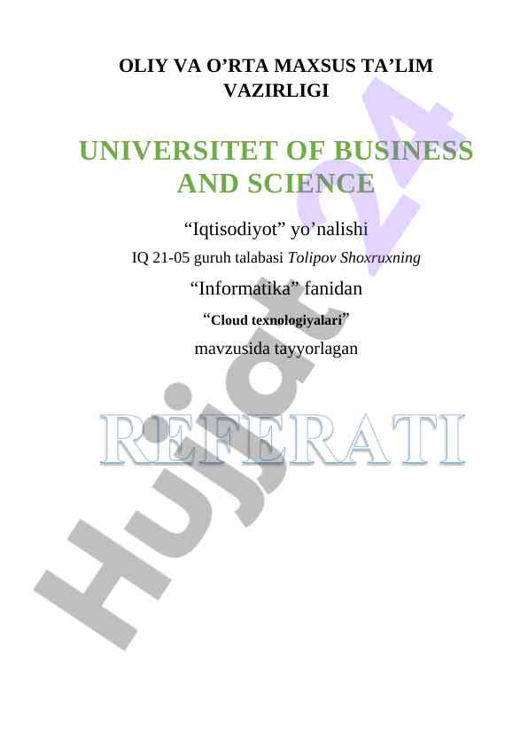 Cloud texnologiyalari fanidan tayyorlangan kurs ishlari