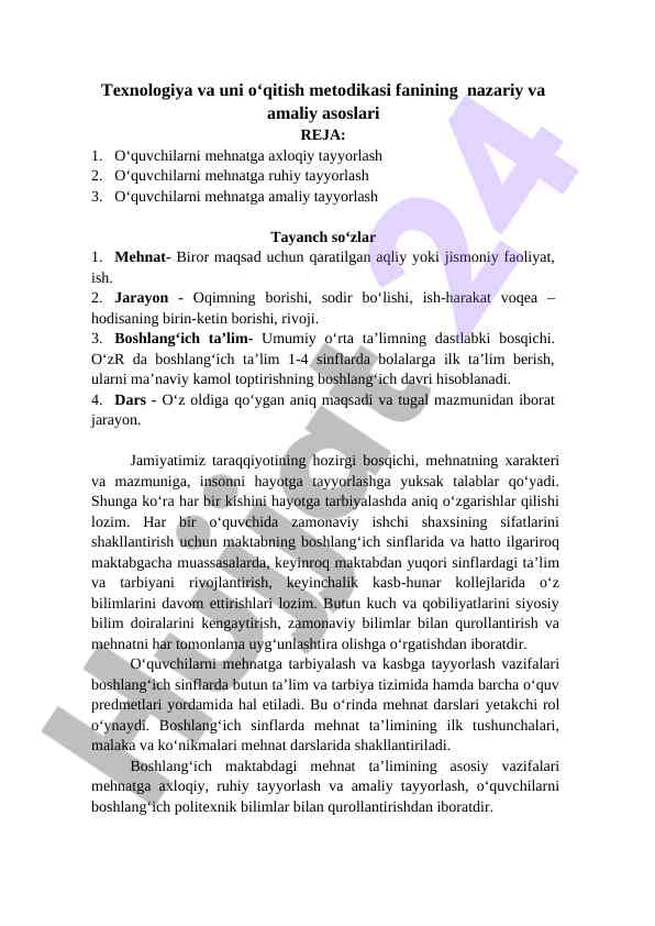 Mehnatga o‘qitish metodikasi asoslari