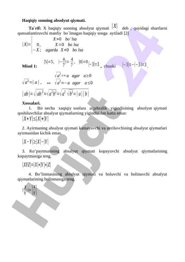 Haqiqiy sonning abolyut qiymati va xossalari