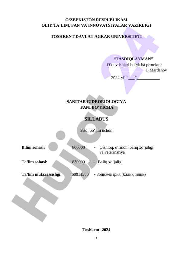 Sanitar gidrobiologiya fani bo'yicha sillabus 2024