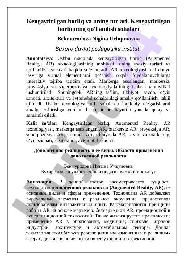 Kengaytirilgan borliq texnologiyalari va qo‘llanilishi