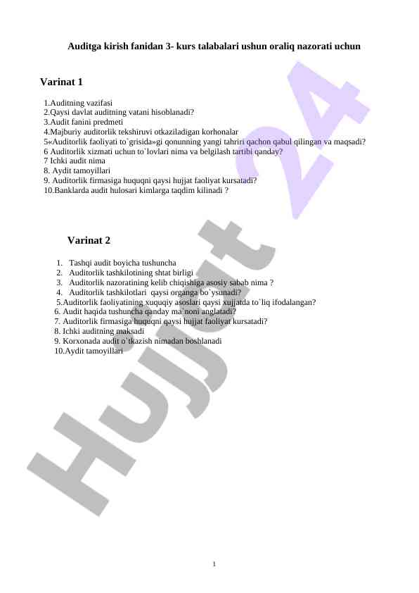 Oraliq nazorat auditing fanidan 3-kurs talabalari uchun