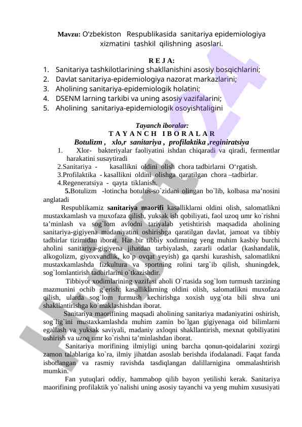 Sanitariya epidemiologiya xizmatini tashkil qilish asoslari