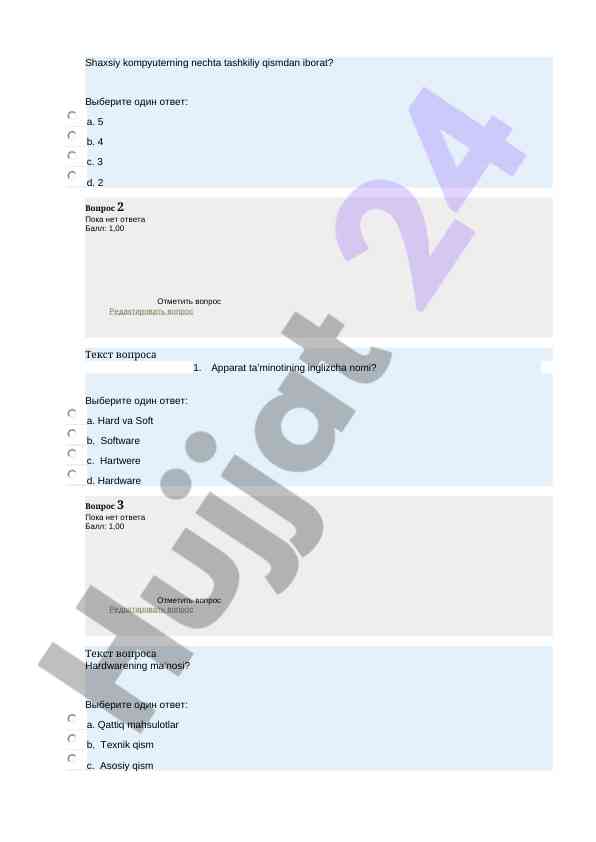 Kompyuter ta'minoti bo'yicha test savollari