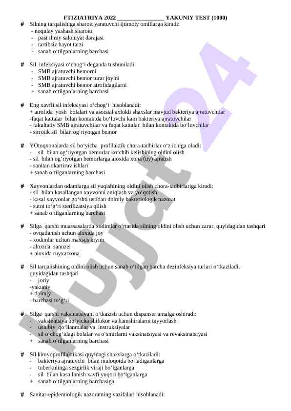 Ftiziatriya 2022 yil yakuniy test savollari