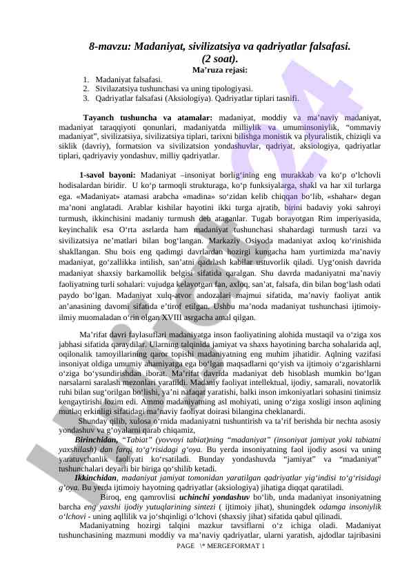 Madaniyat va sivilizatsiya falsafasi bo'yicha ma'ruza