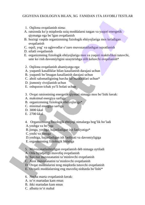 Gigiyena ekologiya fanidan oqilona ovqatlanish testi