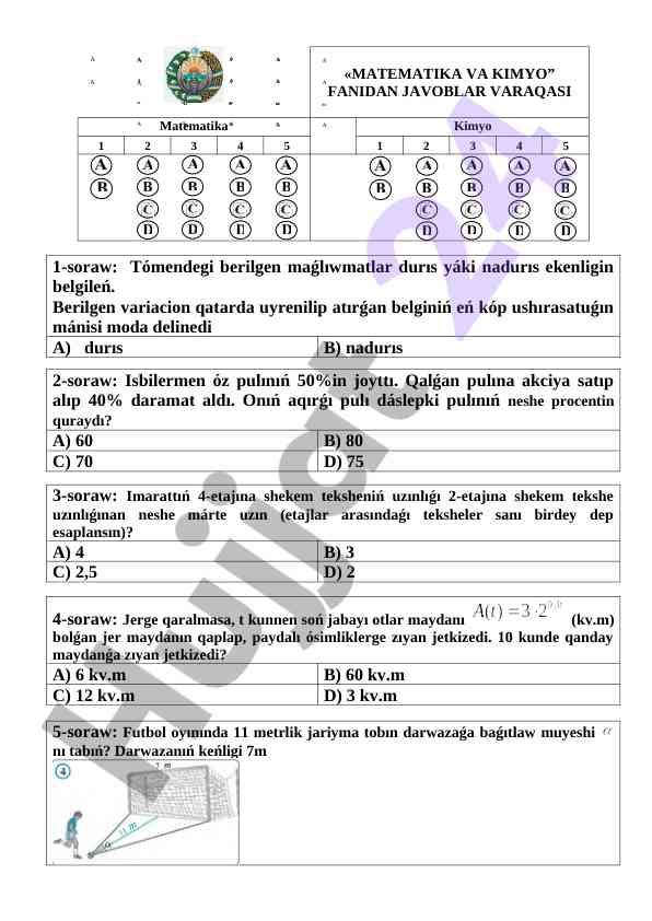 Matematika va kimyo fanidan test savollari