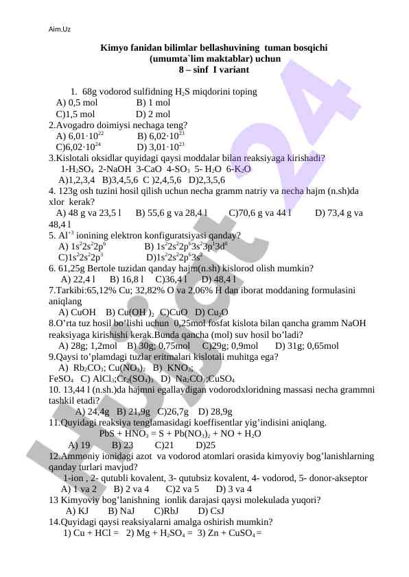 Kimyo Fanidan Bilimlar Bellashuvi 8-Sinf I Variant 1