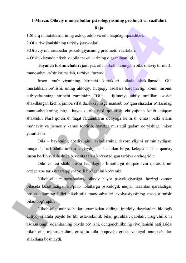 Oilaviy munosabatlar psixologiyasining vazifalari