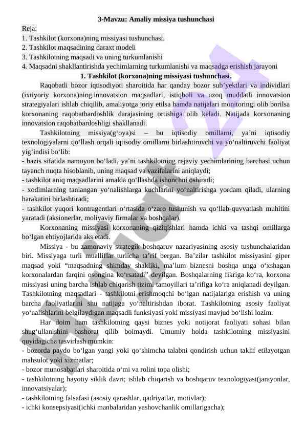 Amaliy missiya tushunchasi va tashkilot maqsadi