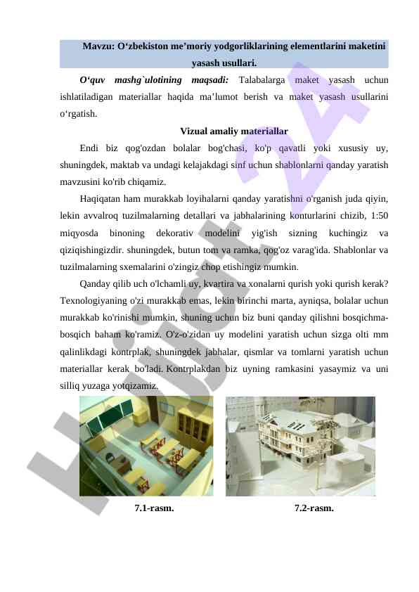 Maket yashash usullari bo'yicha o'quv mashg'ulotlari
