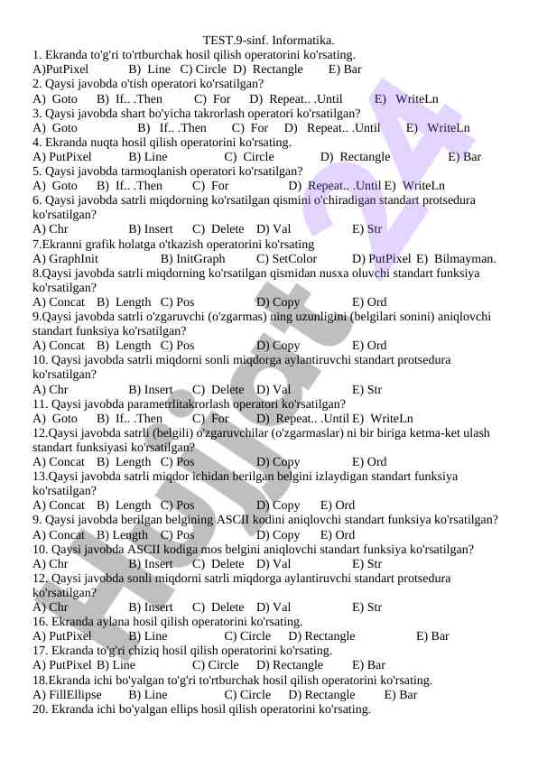 Informatika 9-sinf test savollari
