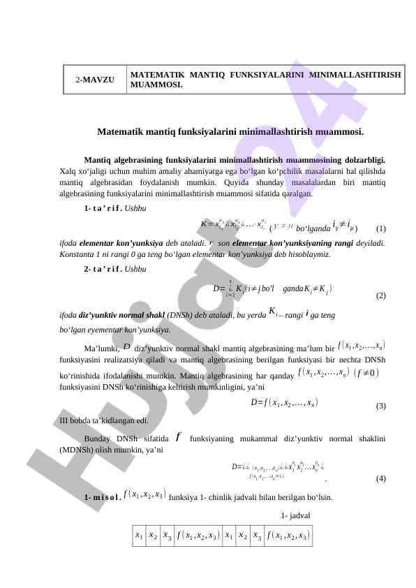 Mantiq algebrasining funksiyalarini minimallashtirish