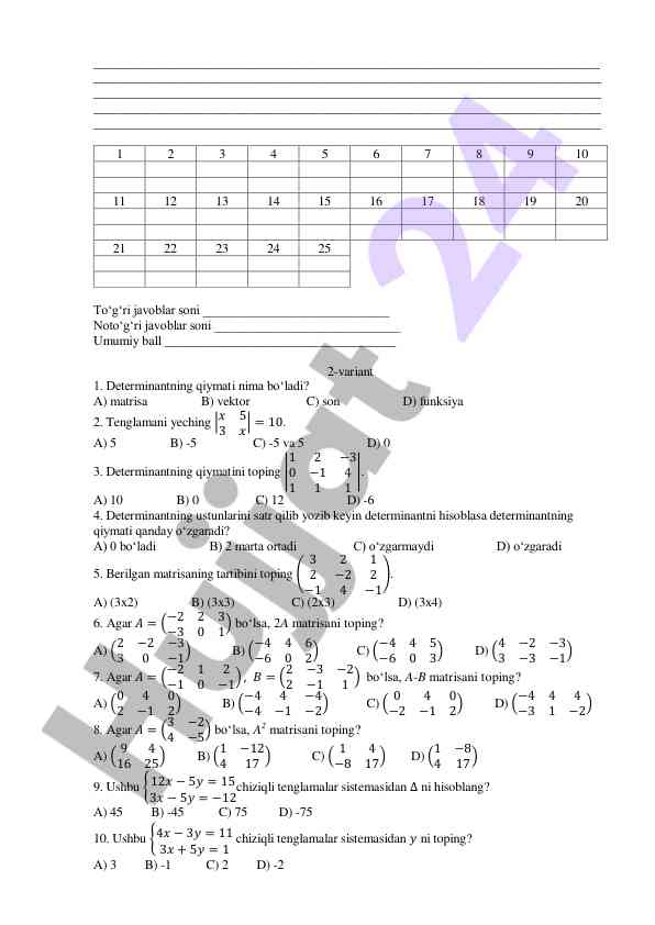 Determinantlar va tenglamalar testi bilan tanishing