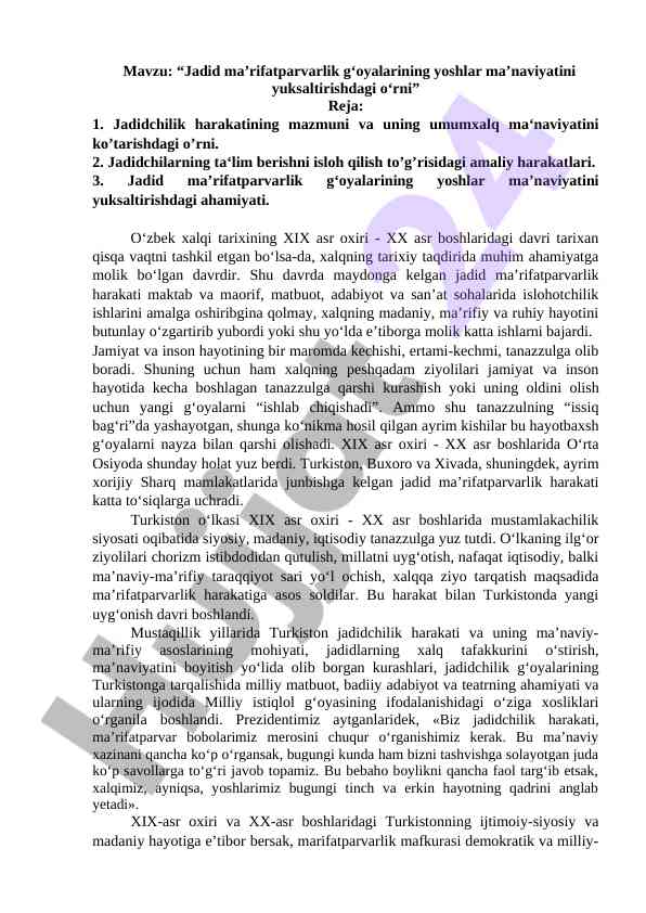 Jadid ma’rifatparvarlik g‘oyalari va yoshlar ma’naviyati