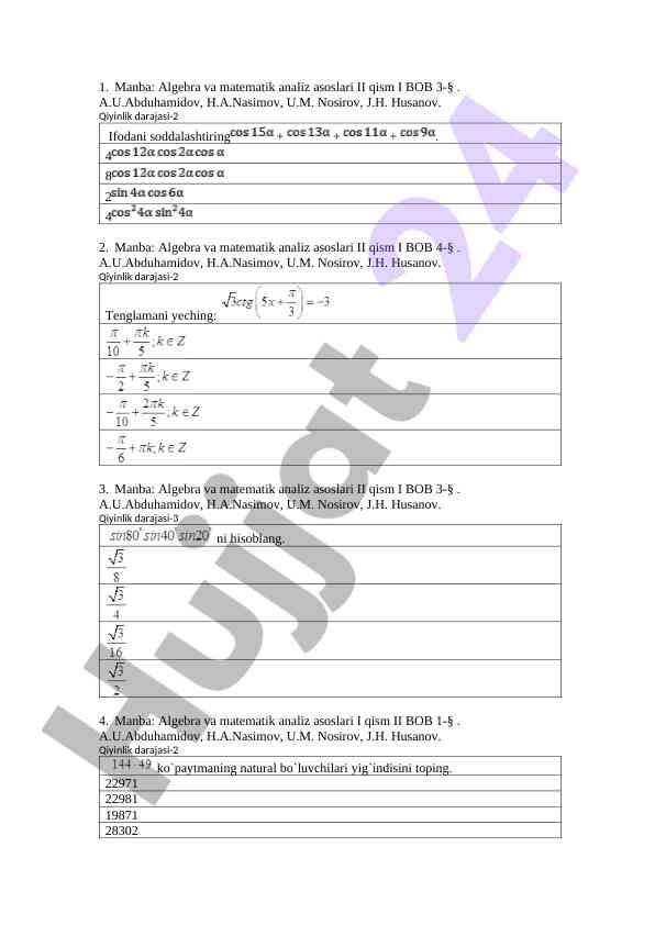 Algebra va matematik analiz asoslari iii bo'lim