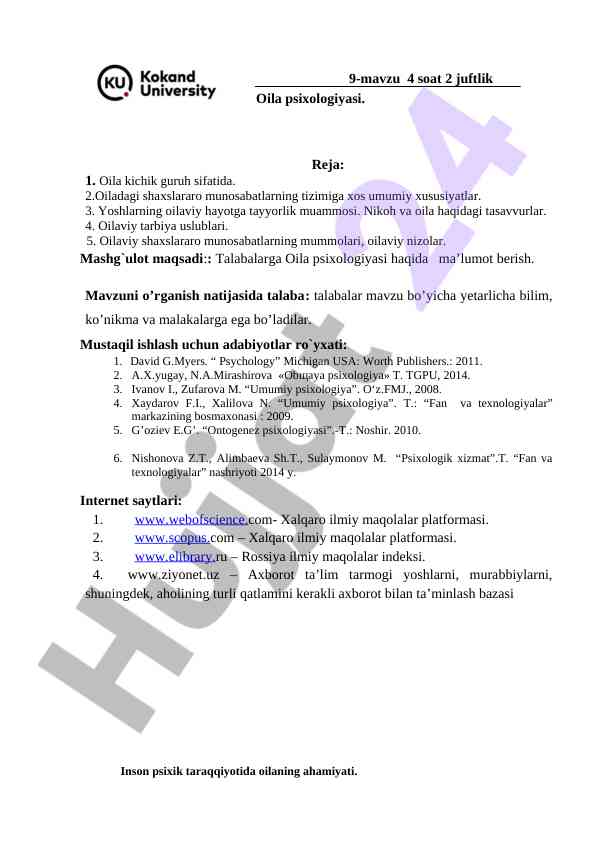 Oila psixologiyasi mavzusi bo'yicha dars ishlanmasi
