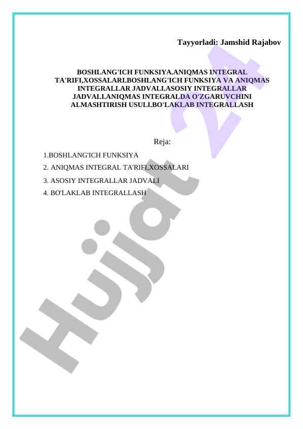 Boshlandich funktsiya va aniqmas integral ta'rifi