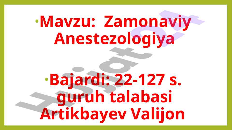 Zamonaviy anestezologiya va hayvonlar operatsiyalari