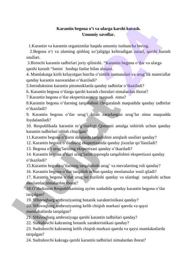 Karantin begona o’tlar va ularning qarshi kurashi