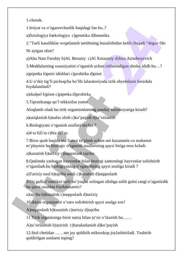 Biologiya fanidan test savollari to‘plami