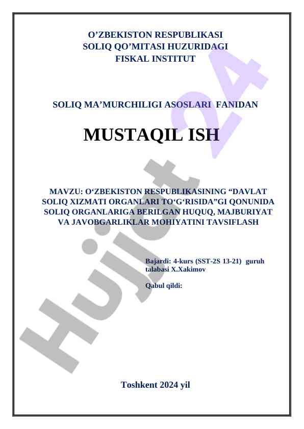O‘zbekiston respublikasining davlat soliq xizmati asoslari