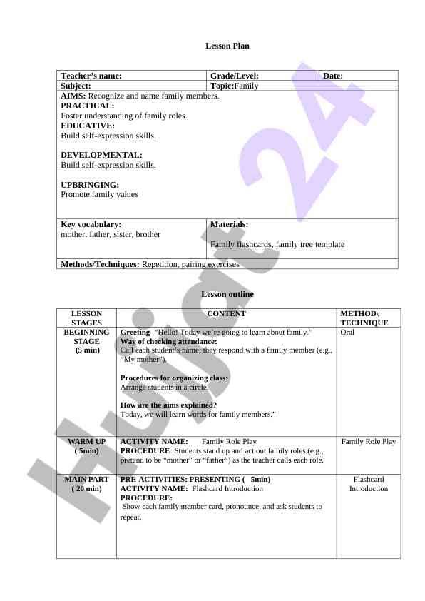 Oila Mavzusidagi Dars Rejasi