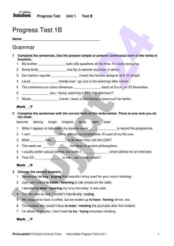 Progress test unit 1 test b grammar exercises