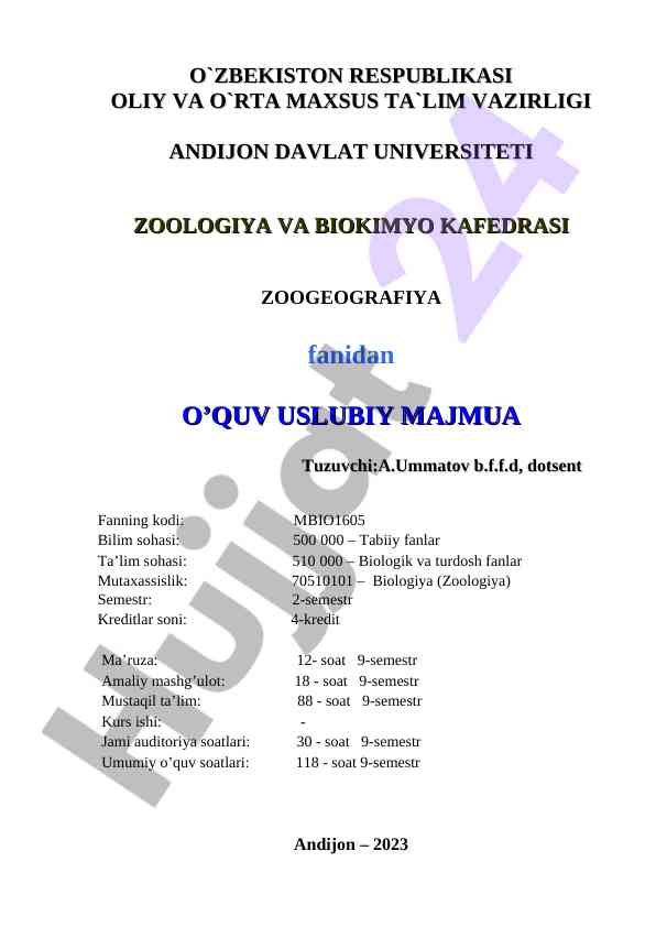 Zoogeografiya o‘quv uslubiy majmua 2023