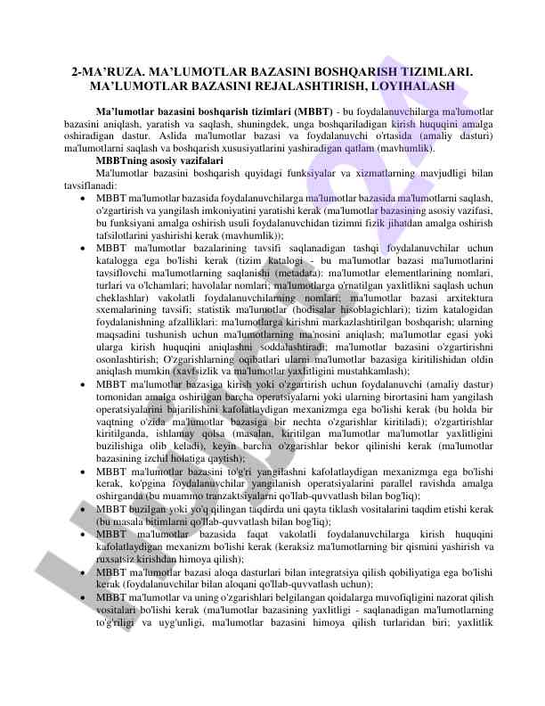 Ma'lumotlar bazasi boshqarish tizimlari mavzusi