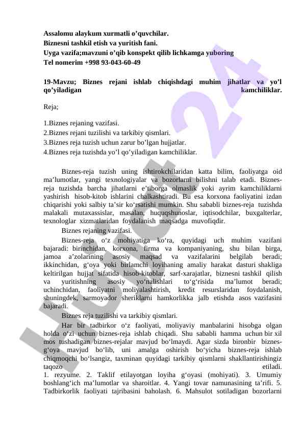 Biznes rejani ishlab chiqishdagi muhim jihatlar